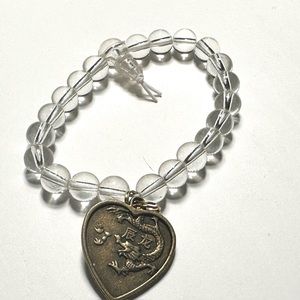 Chinese Horoscope Dragon Heart Charm Stretch Bracelet Mala Clear Round Beads